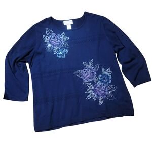Alfred Dunner Women 1X Navy Blue Rhinestone Flower Knit Sweater Top‎ Long Sleeve